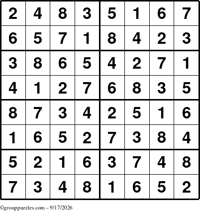 The grouppuzzles.com Answer grid for the Sudoku-8 puzzle for Thursday September 17, 2026