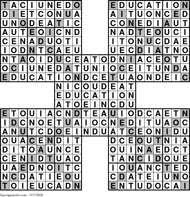 The grouppuzzles.com Answer grid for the Education-Xtreme puzzle for Thursday September 17, 2026