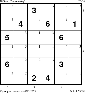 The grouppuzzles.com Difficult Sudoku-6up puzzle for Tuesday April 15, 2025 with all 4 steps marked