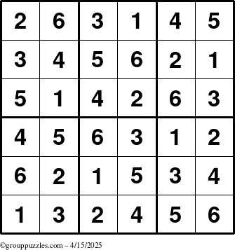 The grouppuzzles.com Answer grid for the Sudoku-6up puzzle for Tuesday April 15, 2025