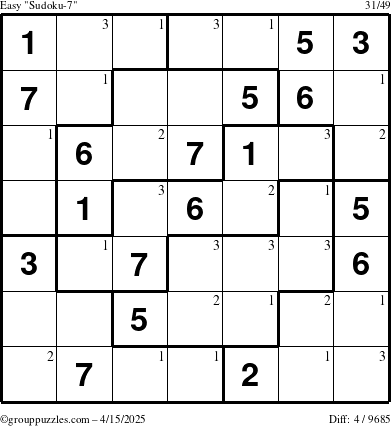 The grouppuzzles.com Easy Sudoku-7 puzzle for Tuesday April 15, 2025 with the first 3 steps marked