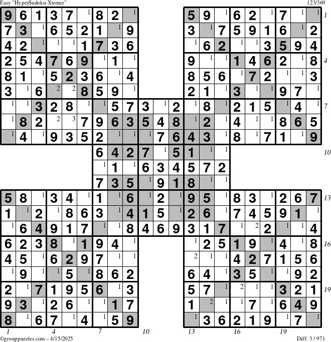 The grouppuzzles.com Easy HyperSudoku-Xtreme puzzle for Tuesday April 15, 2025, suitable for printing, with all 3 steps marked