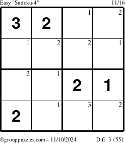 The grouppuzzles.com Easy Sudoku-4 puzzle for Sunday November 10, 2024 with the first 3 steps marked