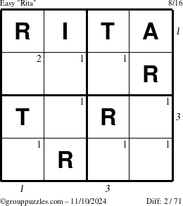 The grouppuzzles.com Easy Rita puzzle for Sunday November 10, 2024, suitable for printing, with all 2 steps marked