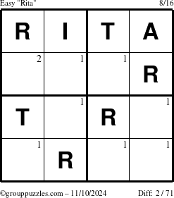 The grouppuzzles.com Easy Rita puzzle for Sunday November 10, 2024 with the first 2 steps marked