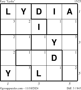 The grouppuzzles.com Easy Lydia puzzle for Sunday November 10, 2024 with all 3 steps marked