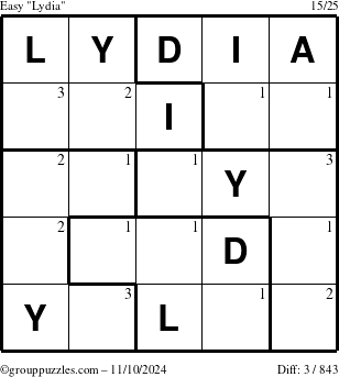 The grouppuzzles.com Easy Lydia puzzle for Sunday November 10, 2024 with the first 3 steps marked