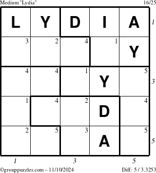 The grouppuzzles.com Medium Lydia puzzle for Sunday November 10, 2024 with all 5 steps marked