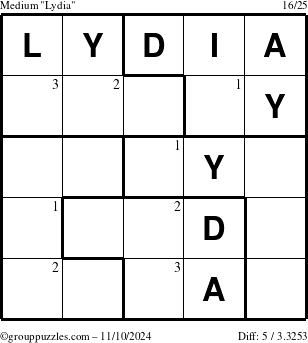 The grouppuzzles.com Medium Lydia puzzle for Sunday November 10, 2024 with the first 3 steps marked