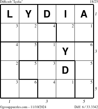 The grouppuzzles.com Difficult Lydia puzzle for Sunday November 10, 2024 with all 6 steps marked