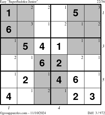 The grouppuzzles.com Easy SuperSudoku-Junior puzzle for Sunday November 10, 2024 with all 3 steps marked