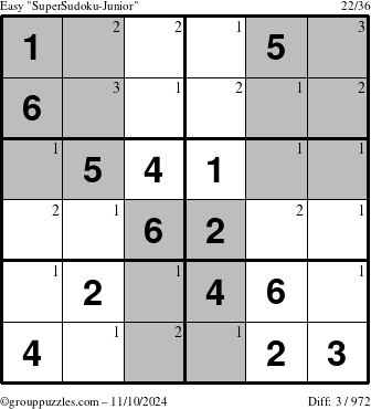 The grouppuzzles.com Easy SuperSudoku-Junior puzzle for Sunday November 10, 2024 with the first 3 steps marked