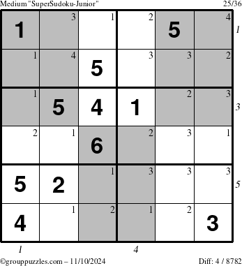 The grouppuzzles.com Medium SuperSudoku-Junior puzzle for Sunday November 10, 2024 with all 4 steps marked