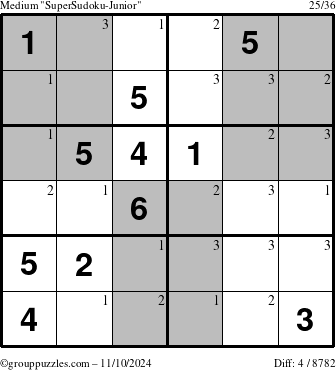 The grouppuzzles.com Medium SuperSudoku-Junior puzzle for Sunday November 10, 2024 with the first 3 steps marked