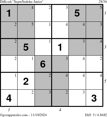 The grouppuzzles.com Difficult SuperSudoku-Junior puzzle for Sunday November 10, 2024 with all 5 steps marked