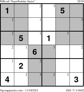 The grouppuzzles.com Difficult SuperSudoku-Junior puzzle for Sunday November 10, 2024 with the first 3 steps marked