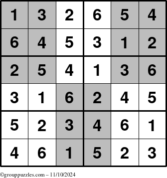 The grouppuzzles.com Answer grid for the SuperSudoku-Junior puzzle for Sunday November 10, 2024