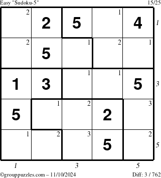 The grouppuzzles.com Easy Sudoku-5 puzzle for Sunday November 10, 2024 with all 3 steps marked