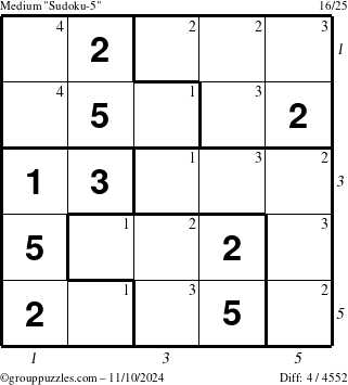 The grouppuzzles.com Medium Sudoku-5 puzzle for Sunday November 10, 2024, suitable for printing, with all 4 steps marked