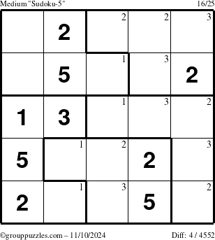 The grouppuzzles.com Medium Sudoku-5 puzzle for Sunday November 10, 2024 with the first 3 steps marked