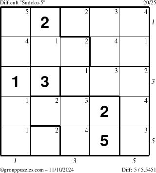 The grouppuzzles.com Difficult Sudoku-5 puzzle for Sunday November 10, 2024 with all 5 steps marked