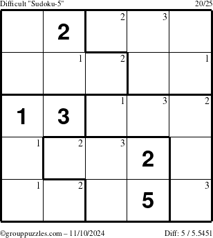 The grouppuzzles.com Difficult Sudoku-5 puzzle for Sunday November 10, 2024 with the first 3 steps marked