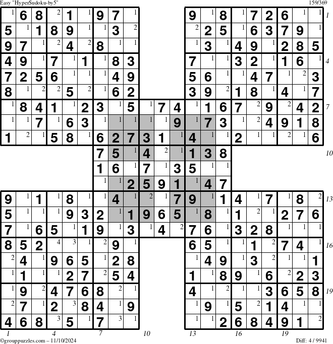 The grouppuzzles.com Easy HyperSudoku-by5 puzzle for Sunday November 10, 2024 with all 4 steps marked