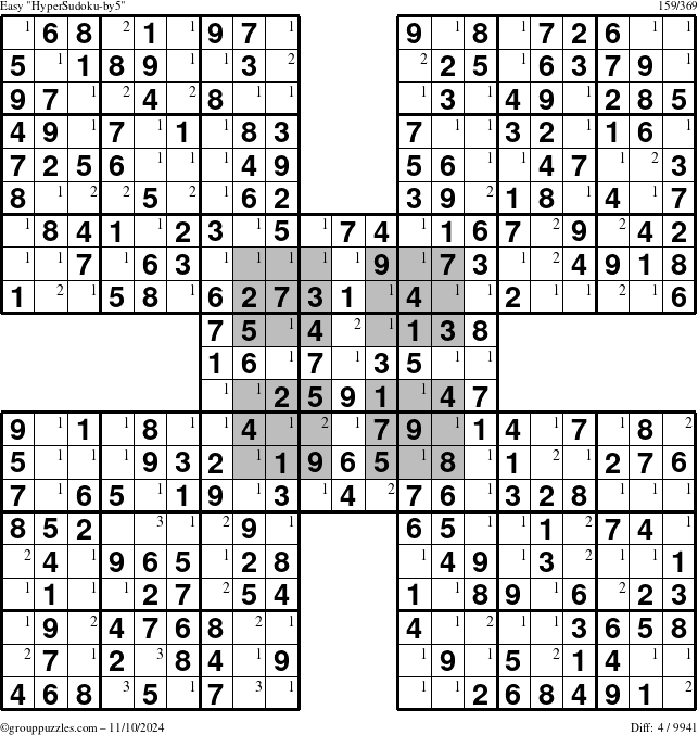 The grouppuzzles.com Easy HyperSudoku-by5 puzzle for Sunday November 10, 2024 with the first 3 steps marked