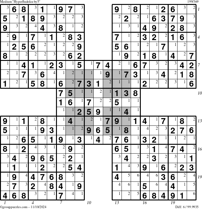 The grouppuzzles.com Medium HyperSudoku-by5 puzzle for Sunday November 10, 2024 with all 6 steps marked