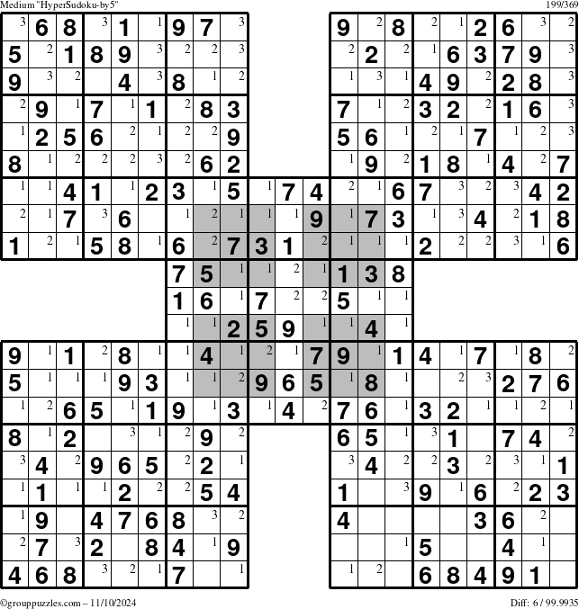 The grouppuzzles.com Medium HyperSudoku-by5 puzzle for Sunday November 10, 2024 with the first 3 steps marked