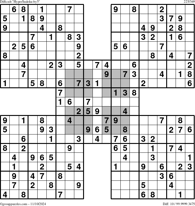 The grouppuzzles.com Difficult HyperSudoku-by5 puzzle for Sunday November 10, 2024