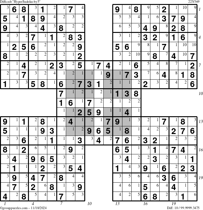 The grouppuzzles.com Difficult HyperSudoku-by5 puzzle for Sunday November 10, 2024 with all 10 steps marked