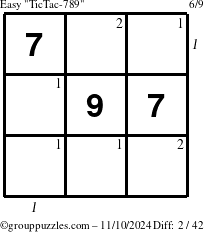 The grouppuzzles.com Easy TicTac-789 puzzle for Sunday November 10, 2024 with all 2 steps marked