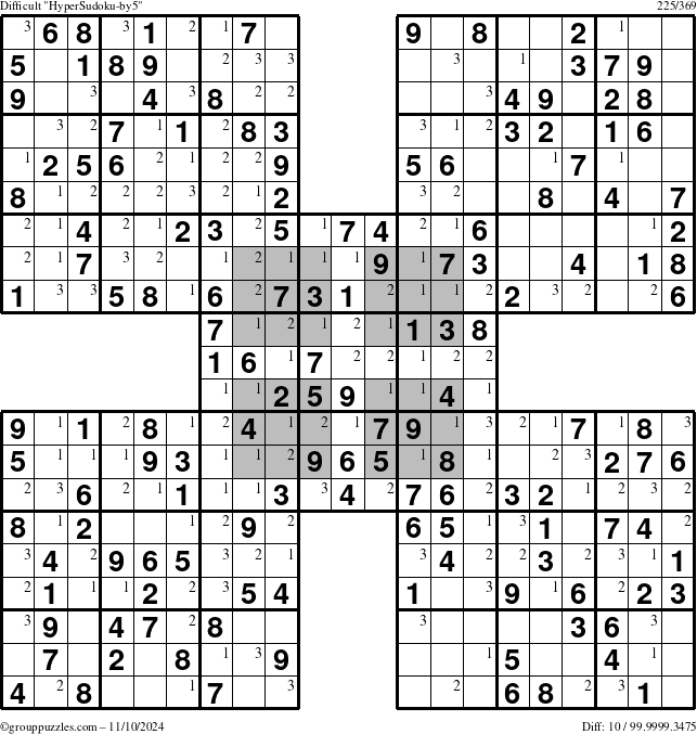 The grouppuzzles.com Difficult HyperSudoku-by5 puzzle for Sunday November 10, 2024 with the first 3 steps marked