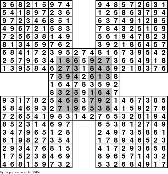 The grouppuzzles.com Answer grid for the HyperSudoku-by5 puzzle for Sunday November 10, 2024