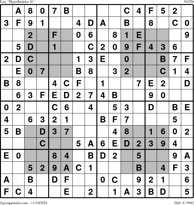 The grouppuzzles.com Easy HyperSudoku-16 puzzle for Sunday November 10, 2024