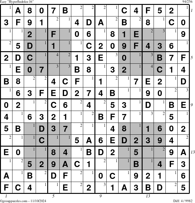 The grouppuzzles.com Easy HyperSudoku-16 puzzle for Sunday November 10, 2024 with all 4 steps marked