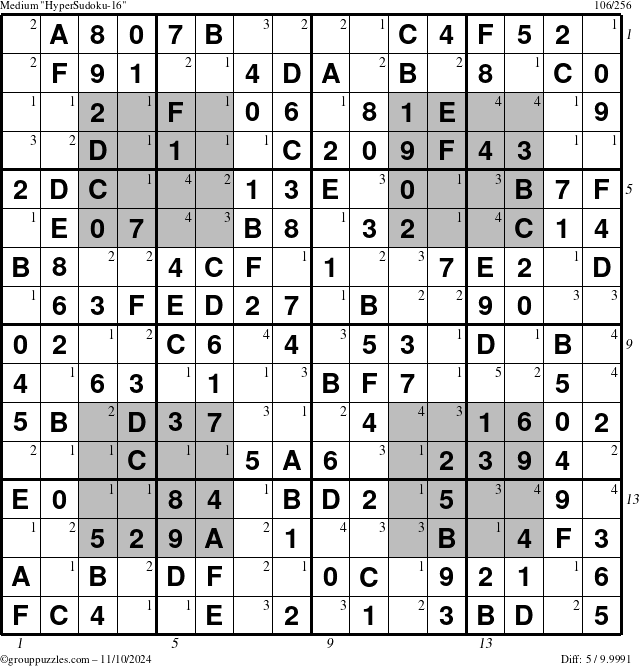 The grouppuzzles.com Medium HyperSudoku-16 puzzle for Sunday November 10, 2024 with all 5 steps marked