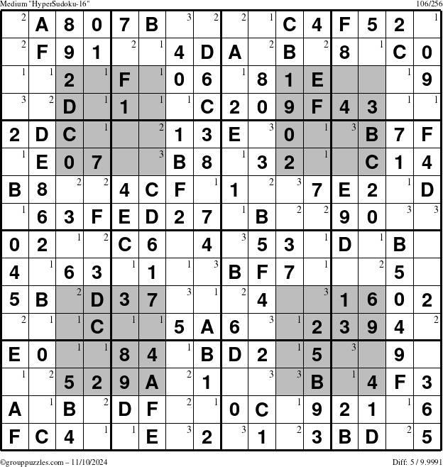 The grouppuzzles.com Medium HyperSudoku-16 puzzle for Sunday November 10, 2024 with the first 3 steps marked