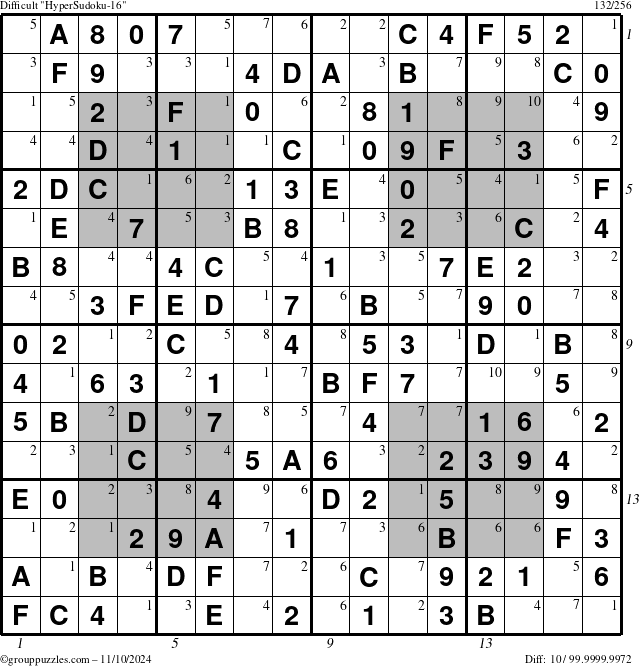 The grouppuzzles.com Difficult HyperSudoku-16 puzzle for Sunday November 10, 2024, suitable for printing, with all 10 steps marked