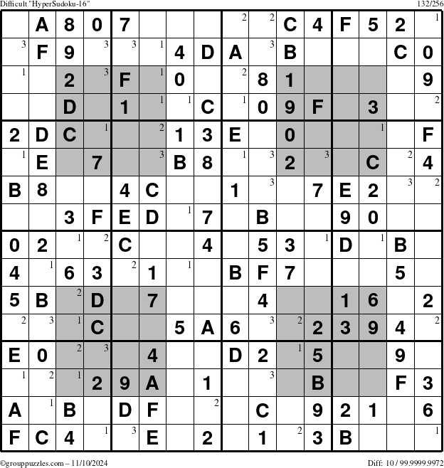 The grouppuzzles.com Difficult HyperSudoku-16 puzzle for Sunday November 10, 2024 with the first 3 steps marked