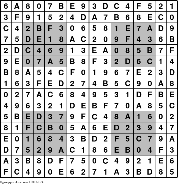 The grouppuzzles.com Answer grid for the HyperSudoku-16 puzzle for Sunday November 10, 2024