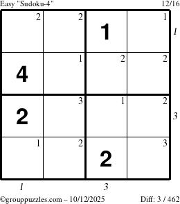 The grouppuzzles.com Easy Sudoku-4 puzzle for Sunday October 12, 2025, suitable for printing, with all 3 steps marked