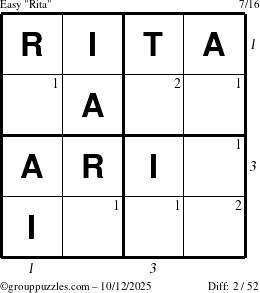 The grouppuzzles.com Easy Rita puzzle for Sunday October 12, 2025 with all 2 steps marked