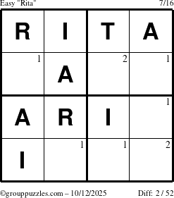 The grouppuzzles.com Easy Rita puzzle for Sunday October 12, 2025 with the first 2 steps marked