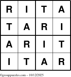 The grouppuzzles.com Answer grid for the Rita puzzle for Sunday October 12, 2025