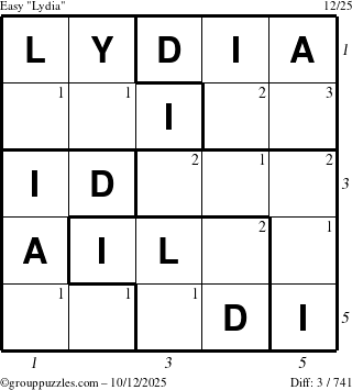 The grouppuzzles.com Easy Lydia puzzle for Sunday October 12, 2025, suitable for printing, with all 3 steps marked
