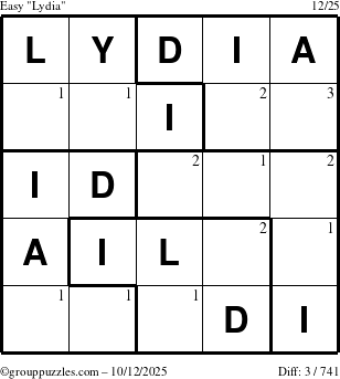 The grouppuzzles.com Easy Lydia puzzle for Sunday October 12, 2025 with the first 3 steps marked