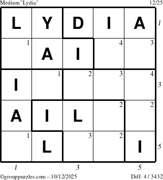 The grouppuzzles.com Medium Lydia puzzle for Sunday October 12, 2025 with all 4 steps marked
