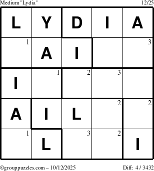 The grouppuzzles.com Medium Lydia puzzle for Sunday October 12, 2025 with the first 3 steps marked